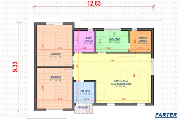 Proiect casa pe structura metalica moderna cu 3 camere 110mp - plan casa parter