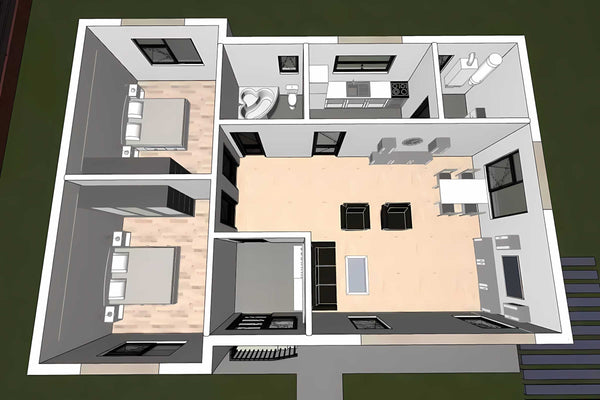 Proiect casa pe structura metalica moderna cu 3 camere 110mp - compartimentare de casa alba imagine