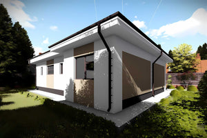 Proiect casa pe structura metalica moderna cu 3 camere 110mp - fatada de casa alba imagine 4 thumbnail