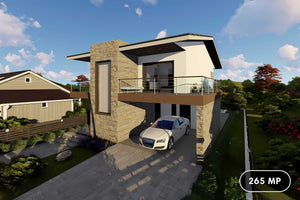 Proiect casa pe structura metalica moderna cu balcoane 052 - fatada de casa cu piatra imagine 1 thumbnail