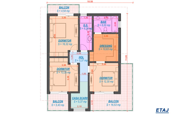 Proiect casa pe structura metalica moderna cu balcoane 052 - plan casa etaj