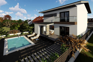 Proiect casa pe structura metalica moderna cu balcoane 052 - fatada de casa cu piatra imagine 4 thumbnail