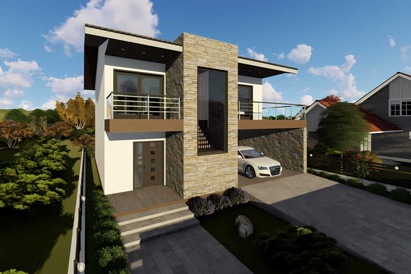 Proiect casa pe structura metalica moderna cu balcoane 052 - fatada de casa cu piatra imagine 5