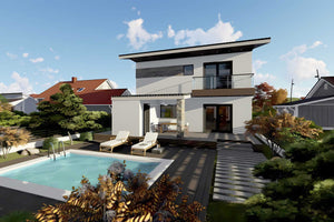 Proiect casa pe structura metalica moderna cu balcoane 052 - fatada de casa cu piatra imagine 8 thumbnail