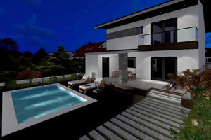 Proiect casa pe structura metalica moderna cu balcoane 052 - fatada de casa cu piatra imagine 11 thumbnail