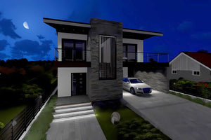 Proiect casa pe structura metalica moderna cu balcoane 052 - fatada de casa cu piatra imagine 12 thumbnail