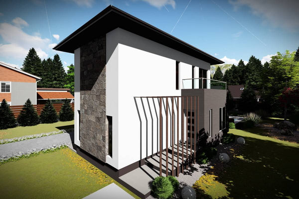Proiect casa pe structura metalica moderna cu etaj 074 - fatada casa cu piatra imagine 2