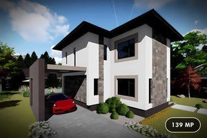 Proiect casa pe structura metalica moderna cu etaj 074 - fatada casa cu piatra imagine 1 thumbnail