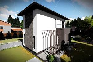 Proiect casa pe structura metalica moderna cu etaj 074 - fatada casa cu piatra imagine 2 thumbnail