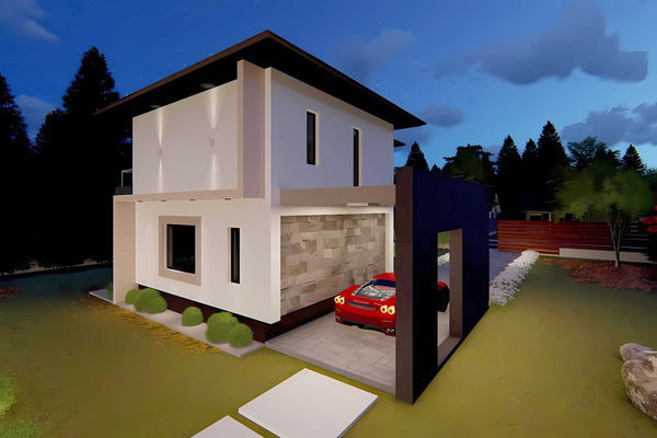 Proiect casa pe structura metalica moderna cu etaj 074 - fatada casa cu piatra imagine 7