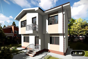 Proiect casa pe structura metalica moderna cu etaj 140 mp - fatada de casa exterior imagine 1 thumbnail