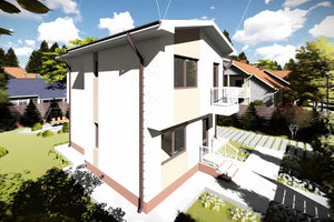 Proiect casa pe structura metalica moderna cu etaj 140 mp - fatada de casa exterior imagine 2 thumbnail