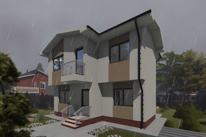 Proiect casa pe structura metalica moderna cu etaj 140 mp - fatada de casa exterior imagine 6 thumbnail