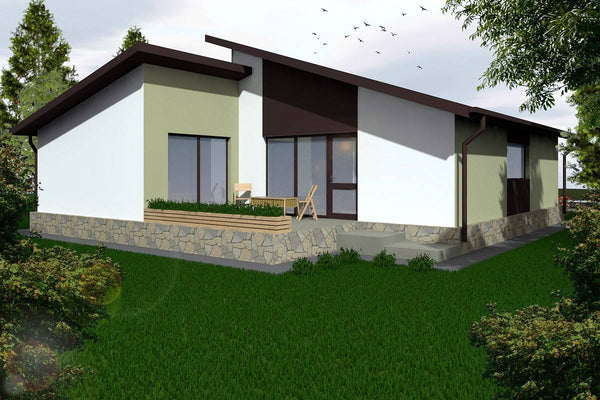 Proiect casa pe structura metalica moderna cu terasa 131-020 - fatada casa cu piatra imagine 2