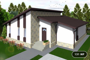 Proiect casa pe structura metalica moderna cu terasa 131-020 - fatada casa cu piatra imagine 1 thumbnail