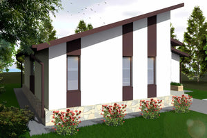Proiect casa pe structura metalica moderna cu terasa 131-020 - fatada casa cu piatra imagine 3 thumbnail