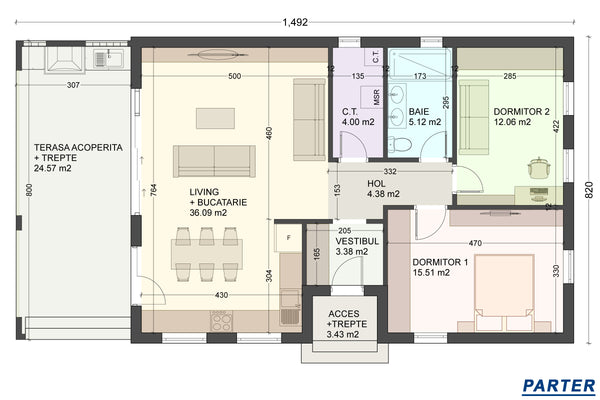 Proiect casa pe structura metalica parter 120mp cu 3 camere - compartimentare casa mica