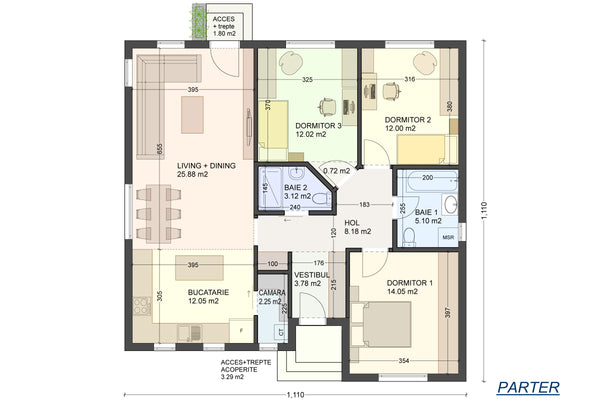 Proiect casa pe structura metalica parter 4 camere la 120mp - proiectul casei parter