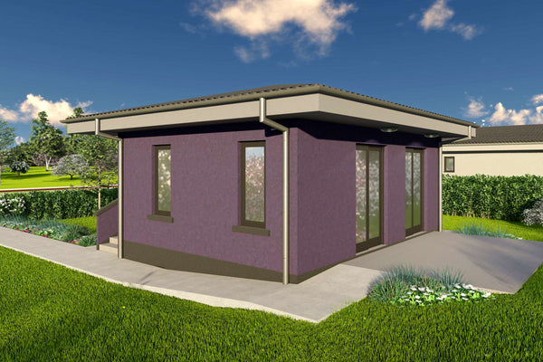 Proiect casa pe structura metalica parter cu 1 dormitor 50mp - fatada casa moderna poza 7