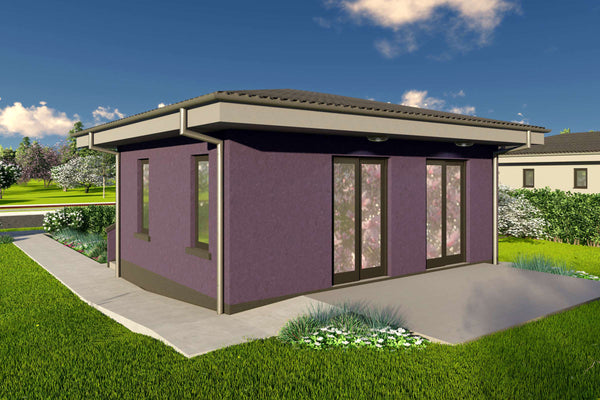 Proiect casa pe structura metalica parter cu 1 dormitor 50mp - fatada casa moderna poza 8