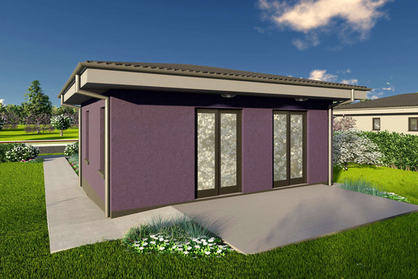 Proiect casa pe structura metalica parter cu 1 dormitor 50mp - fatada casa moderna poza 9