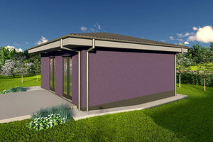 Proiect casa pe structura metalica parter cu 1 dormitor 50mp - fatada casa moderna poza 12 thumbnail