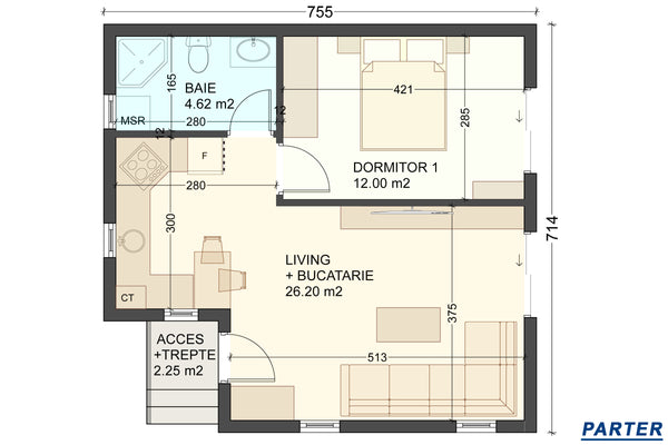 Proiect casa pe structura metalica parter cu 1 dormitor 50mp - plan parter casa
