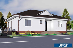 Proiect casa pe structura metalica parter cu 3 camere 160 mp - fatada de casa alba imagine 4 thumbnail