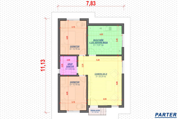 Proiect casa pe structura metalica parter cu 3 camere 84 mp - plan casa parter