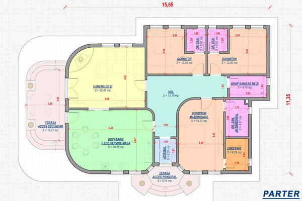 Proiect casa pe structura metalica parter cu 4 camere 180 mp - plan parter