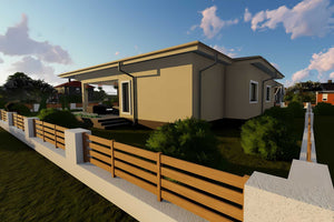 Proiect casa pe structura metalica pe un nivel cu terasa 047 - fatada cu lemn imagine 6 thumbnail