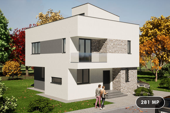 Proiect casa pe structura metalica stil mediteranean 280 mp - fatada principala imagine 1