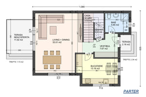Proiect casa pe structura metalica stil mediteranean 280 mp - planul parterului thumbnail