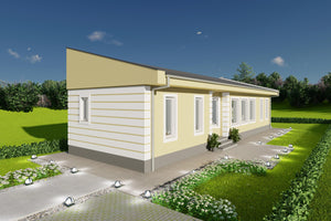 concept vizual casa bej pe teren ingust 3d construita din zidarie thumbnail