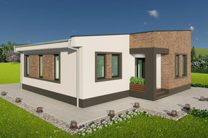 proiect casa pe un singur nivel 2 dormitoare randare exterior cu acoperis intr-o apa cu structura din metal thumbnail