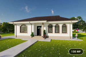 Proiect casa structura metalica 3 camere 1 baie 130mp cod124 - design clasic ferestre rotunjite imagine 1 thumbnail