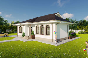 Proiect casa structura metalica 3 camere 1 baie 130mp cod124 - design clasic ferestre rotunjite imagine 5 thumbnail