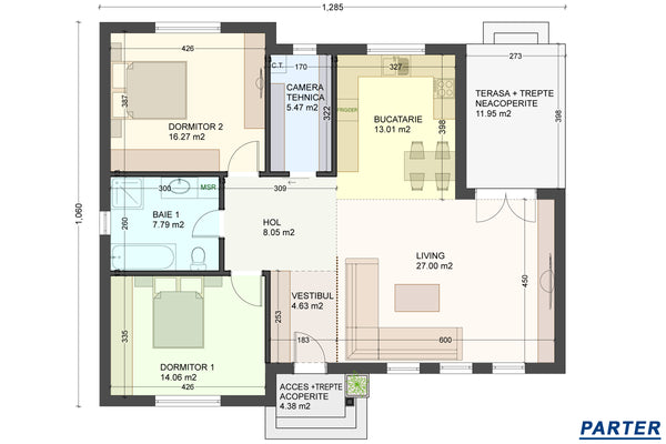 Proiect casa structura metalica 3 camere 1 baie 130mp cod124 - plan casa parter