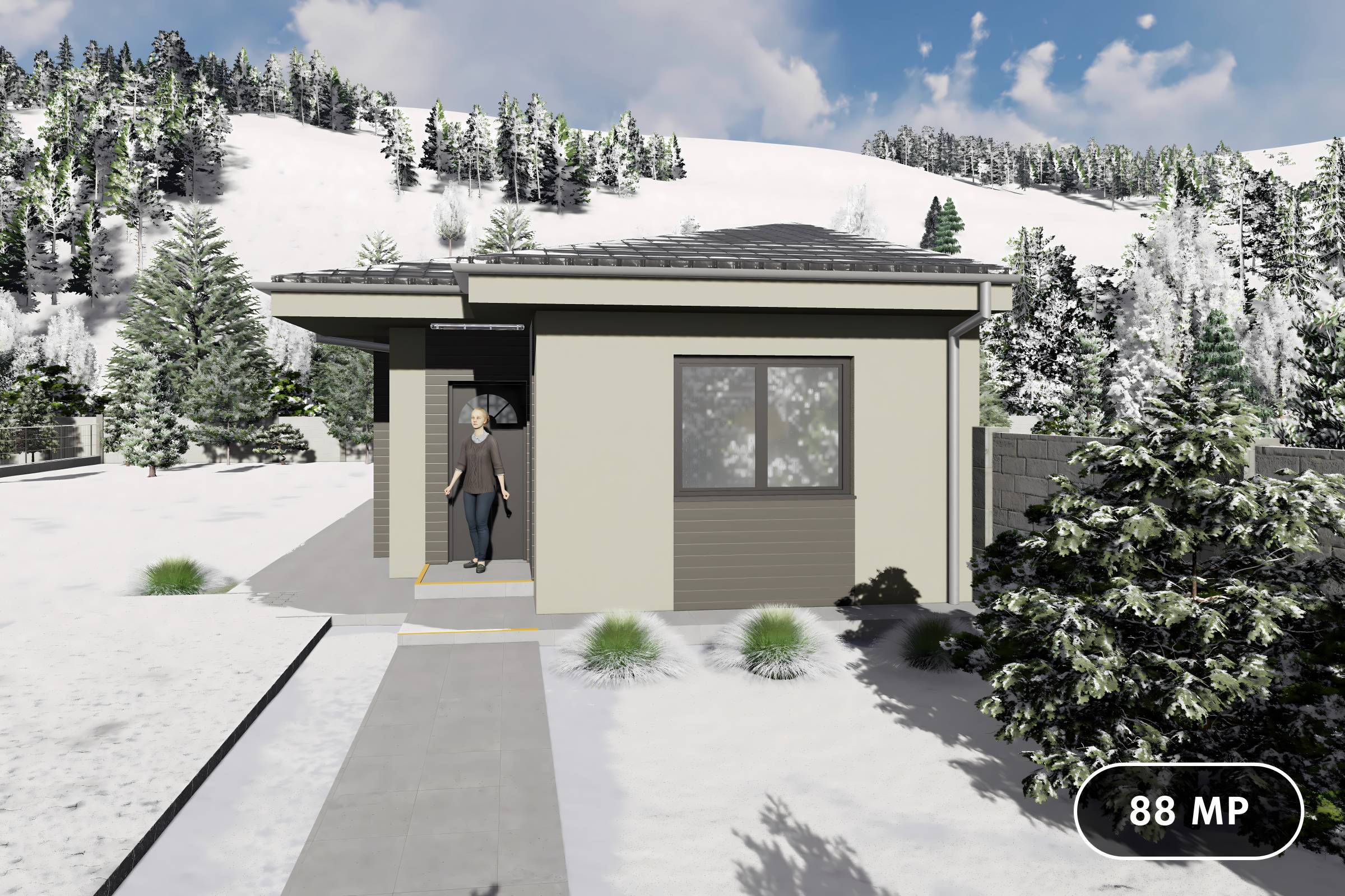 Proiect casa structura metalica alipita la calcan 2 camere - fatada casa pe teren ingust poza 1