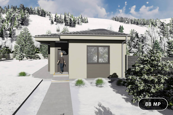 Proiect casa structura metalica alipita la calcan 2 camere - fatada casa pe teren ingust poza 1