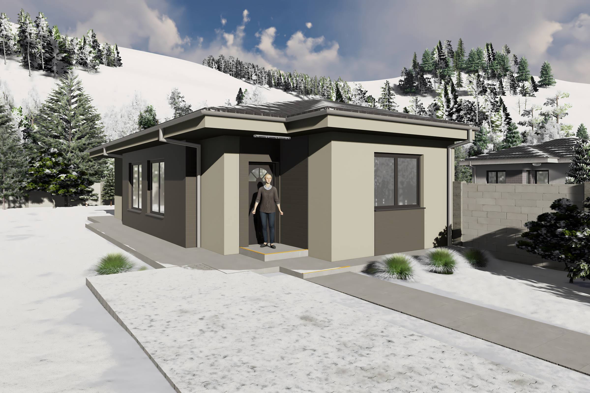 Proiect casa structura metalica alipita la calcan 2 camere - fatada casa pe teren ingust poza 3