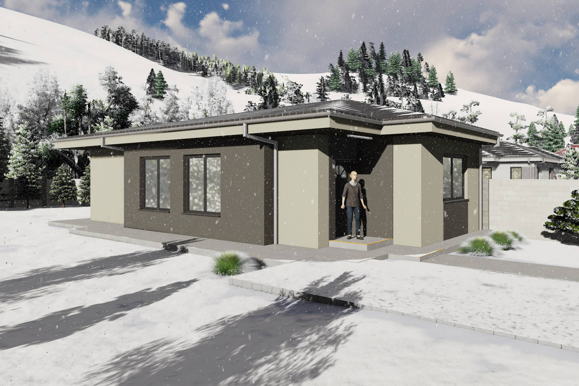 Proiect casa structura metalica alipita la calcan 2 camere - fatada casa pe teren ingust poza 5
