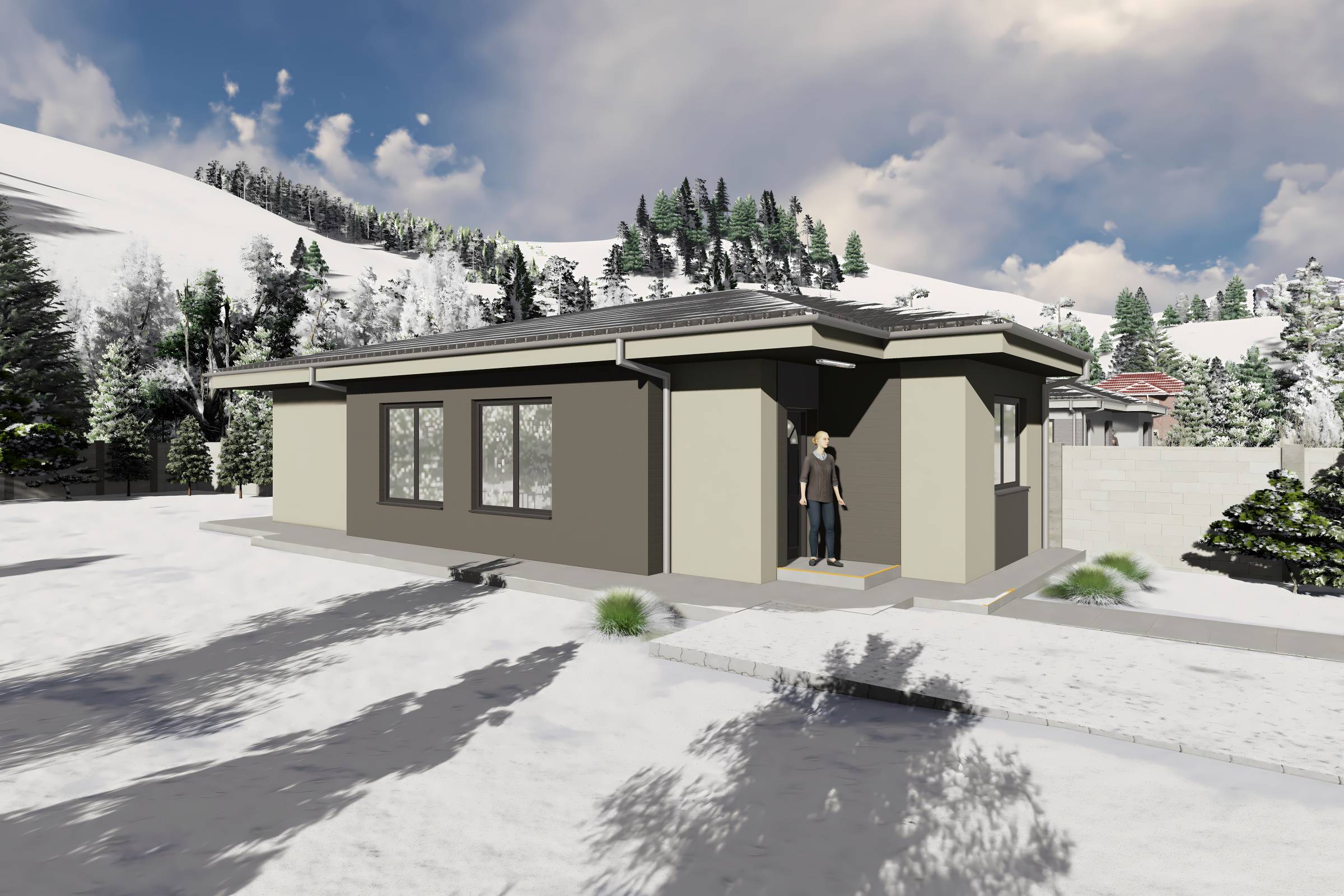 Proiect casa structura metalica alipita la calcan 2 camere - fatada casa pe teren ingust poza 6
