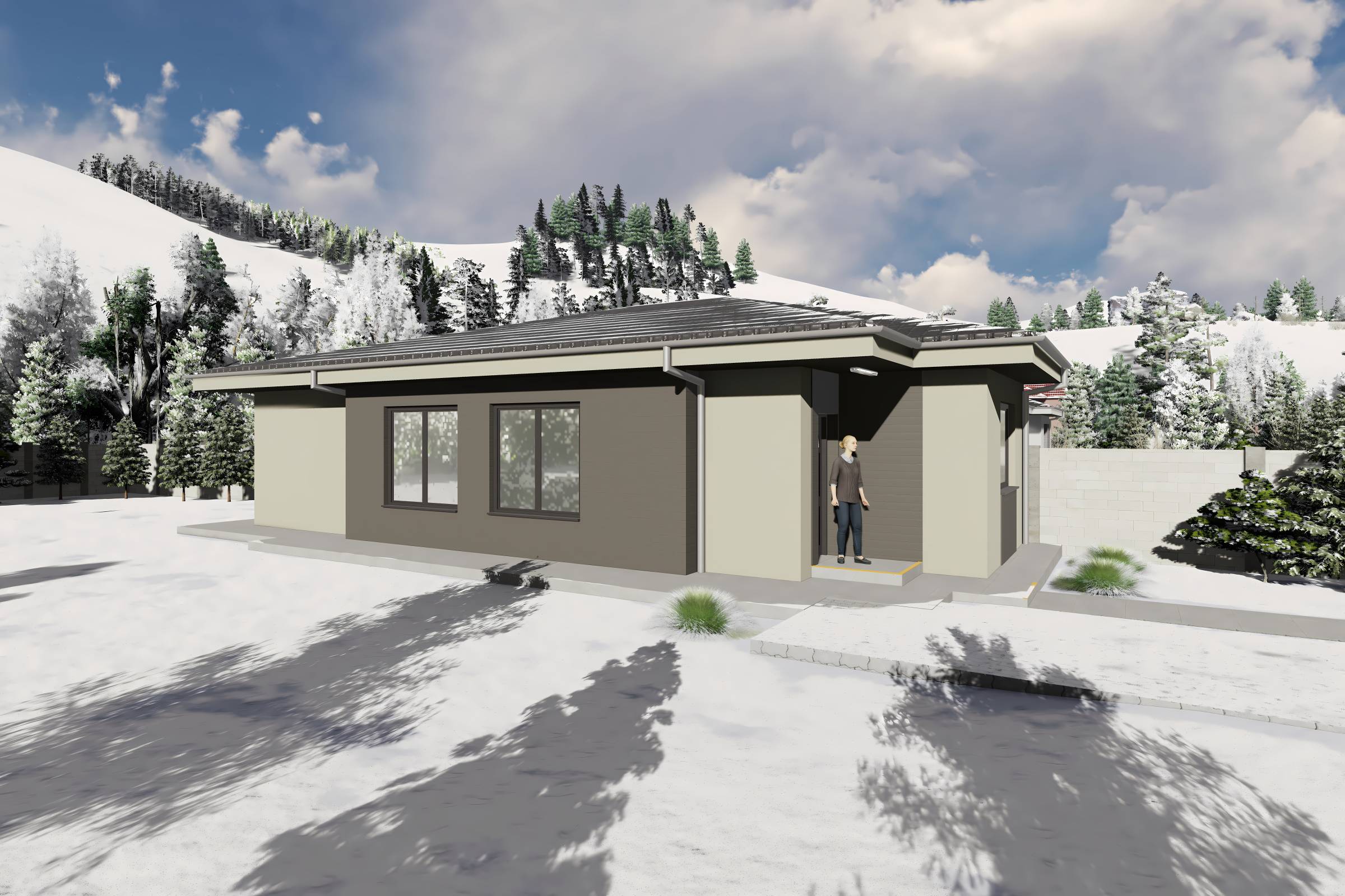 Proiect casa structura metalica alipita la calcan 2 camere - fatada casa pe teren ingust poza 7