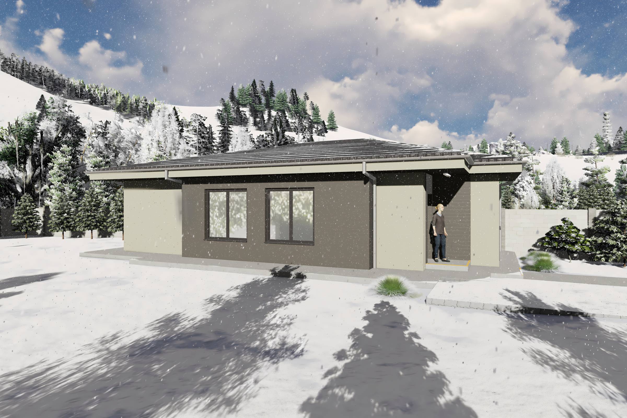 Proiect casa structura metalica alipita la calcan 2 camere - fatada casa pe teren ingust poza 9