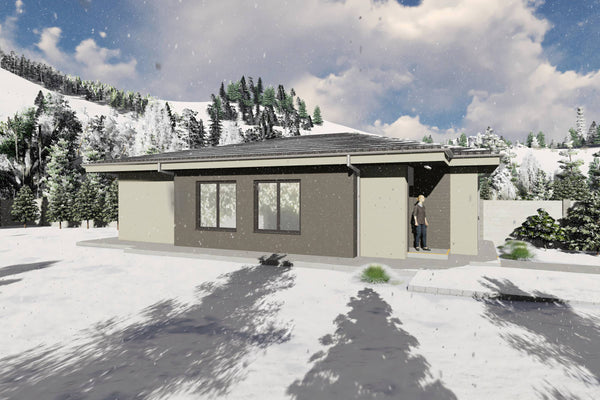 Proiect casa structura metalica alipita la calcan 2 camere - fatada casa pe teren ingust poza 9