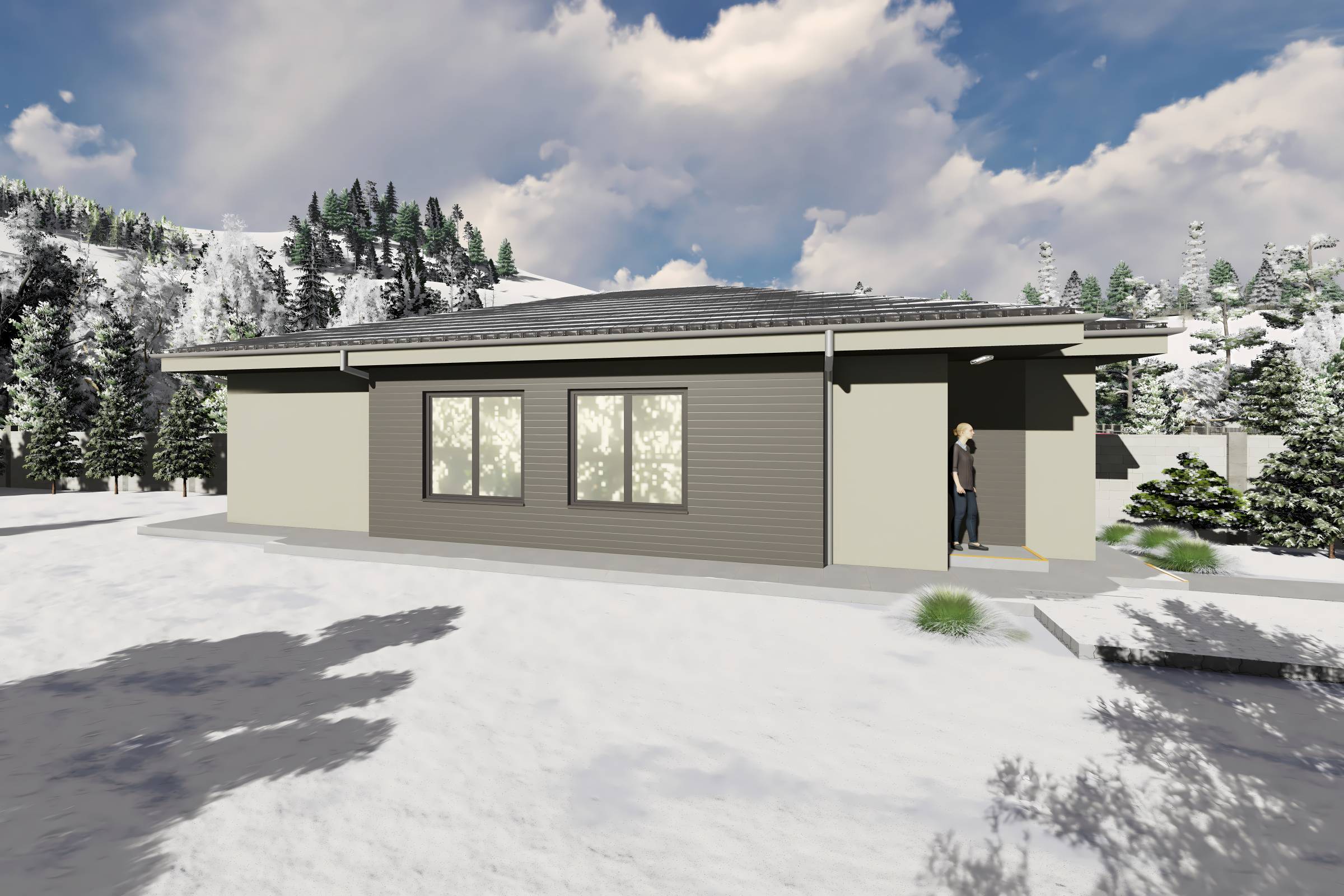 Proiect casa structura metalica alipita la calcan 2 camere - fatada casa pe teren ingust poza 10