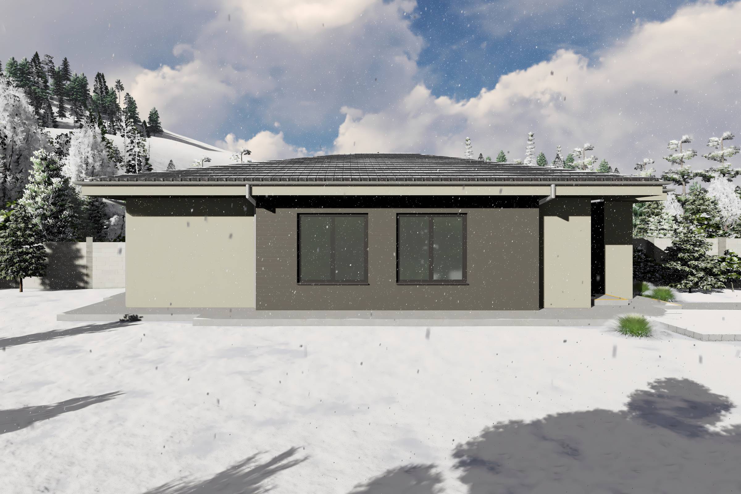 Proiect casa structura metalica alipita la calcan 2 camere - fatada casa pe teren ingust poza 12