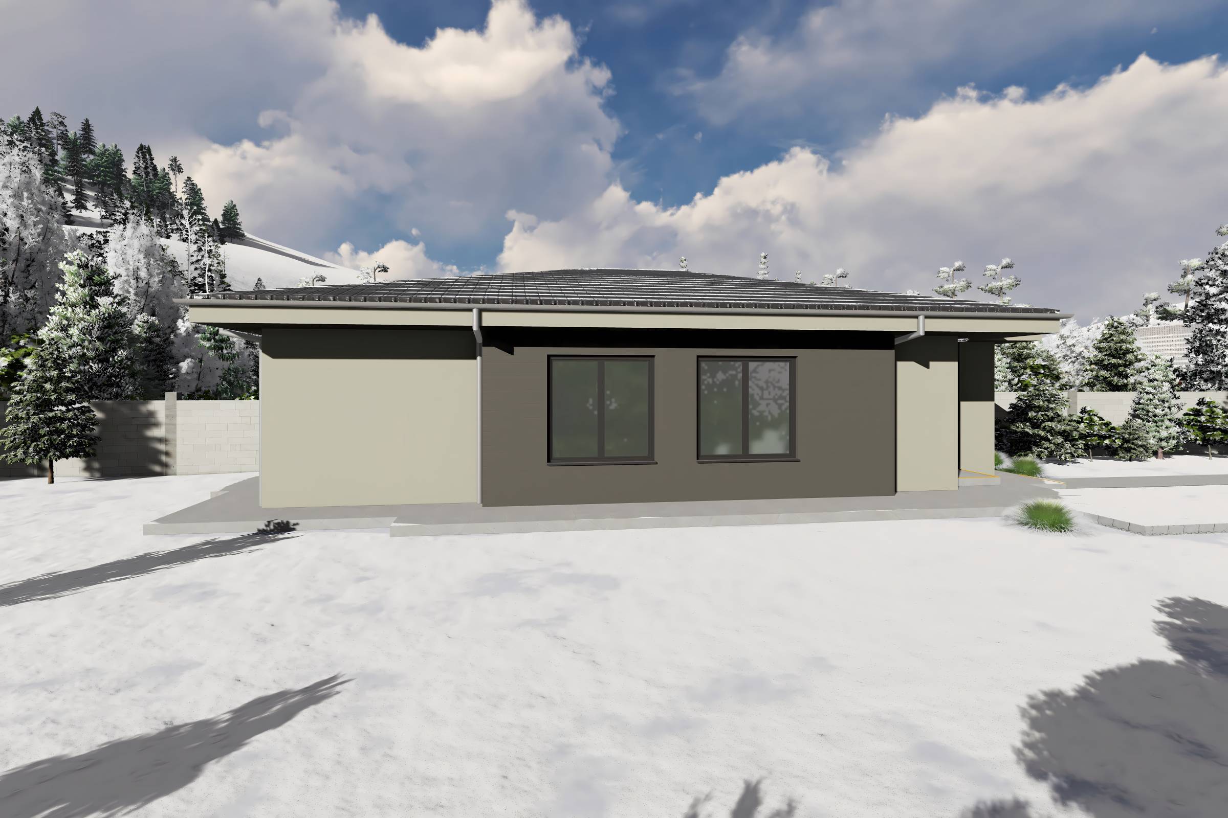 Proiect casa structura metalica alipita la calcan 2 camere - fatada casa pe teren ingust poza 13