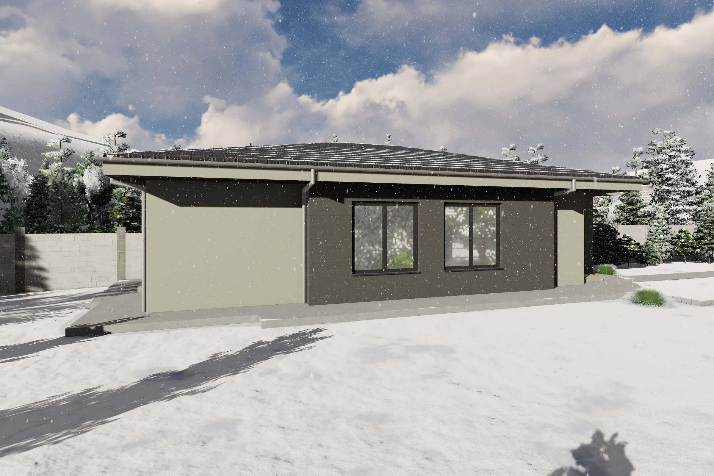 Proiect casa structura metalica alipita la calcan 2 camere - fatada casa pe teren ingust poza 14